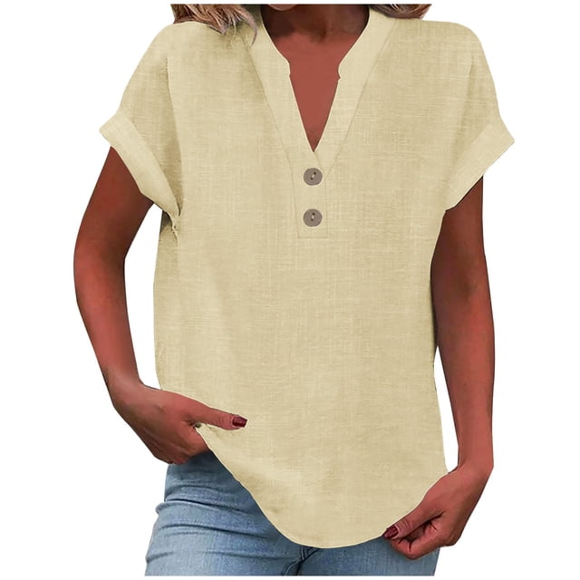 RKSTN Womens Summer Tops Fashion Cotton and Linen Buttons Going out Tops Basic Solid Color Shirts V-Neck Short Sleeve Loose Fit Pullover Tops