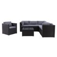 thumbnail image 1 of CorLiving Parksville 7-Piece Black Resin Wicker Rattan and Steel Patio Sectional Set with Extra Armchair, Cushions, & Square Coffee Table, 1 of 9