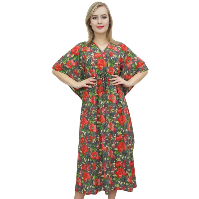 Bimba Robe Caftan Longue Maxi à Fleurs pour Femme Gris Foncé Couvre-Maillot en Coton-24