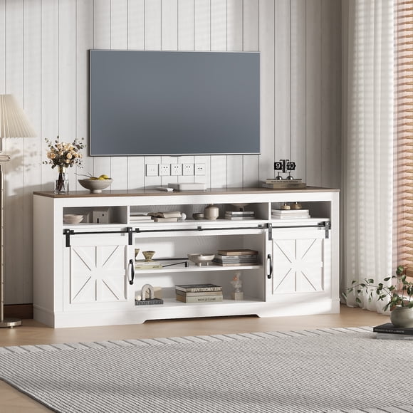 70" Farmhouse TV Stand Fits Up to 80 Inch TVs, Entertainment Center with Sliding Barn Doors & Adjustable Storage Shelves, Media Console for Living Room, White Brown, White Black or Dark Grey