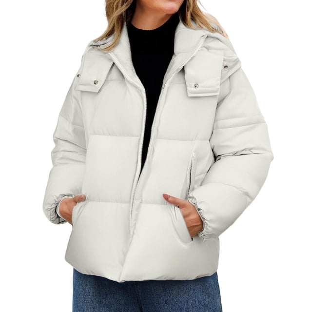 ManxiVoo Womens Cropped Puffer Jacket Winter Warm Quilted Coat With Removable Hood And Pockets L Size White