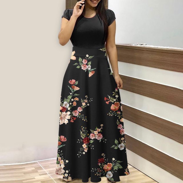SMihono Robe Maxi Bohème d'Été pour Femmes Grande Taille Robe d'Été Colorée à Imprimé Floral pour Femmes Robes à Manches Courtes Robe Maxi Décontractée de Plage Robe Évasée de Plage