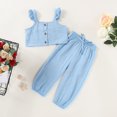 thumbnail image 3 of Toddler Baby Girl Solid Color Ruffle Sleeveless Button Down Halter Tank Crop Tops and Pants Outfits Yellow 1-2 Years, 3 of 6