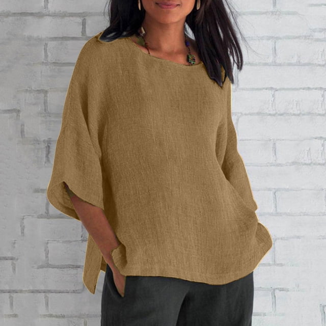 Pisexur Hauts d'Été Décontractés en Coton pour Femmes 2024 Manches 1/2 Col Rond T-shirts Doux Confortables Mode Fluide Blouses Amples Classiques
