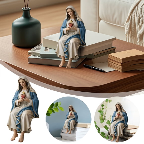 HCBY Hand Painted Resin Mary Statue with Sacred Heart, Vintage Holy Mother Figurine for Garden Mantel, Weather Resistant Outdoor Religious Decor, Blessing Gift for Housewarming