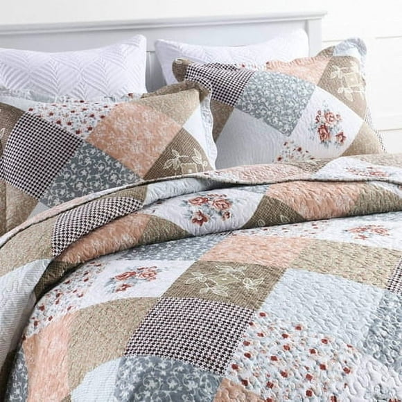 HoneiLife Ensemble de Courtepointe Grand Lit - 3 Pcs Courtepointes en Microfibre Couvre-Lits Réversibles Couvre-Lits Patchwork Ensemble de Literie Floral Toutes Saisons Courtepointes-Mocha Rose, Grand Lit