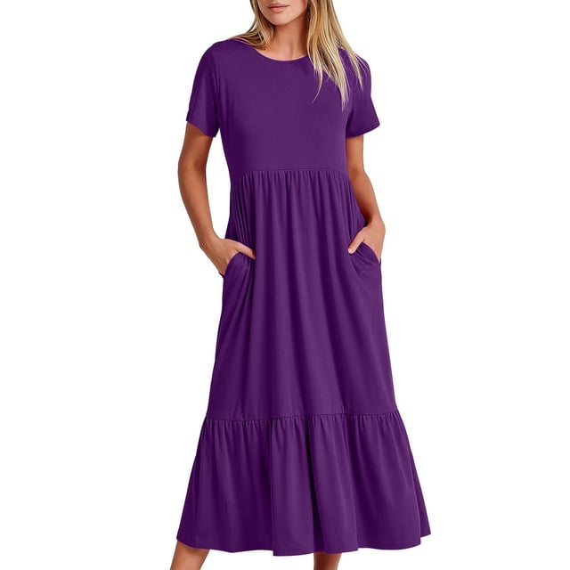 Weiqiqre Robes Habillées pour Femmes, Robe d'Été Décontractée à Manches Courtes et Col Ras du Cou pour Femmes, Robe Décontractée Fluide à Étages Maxi de Plage avec Poches