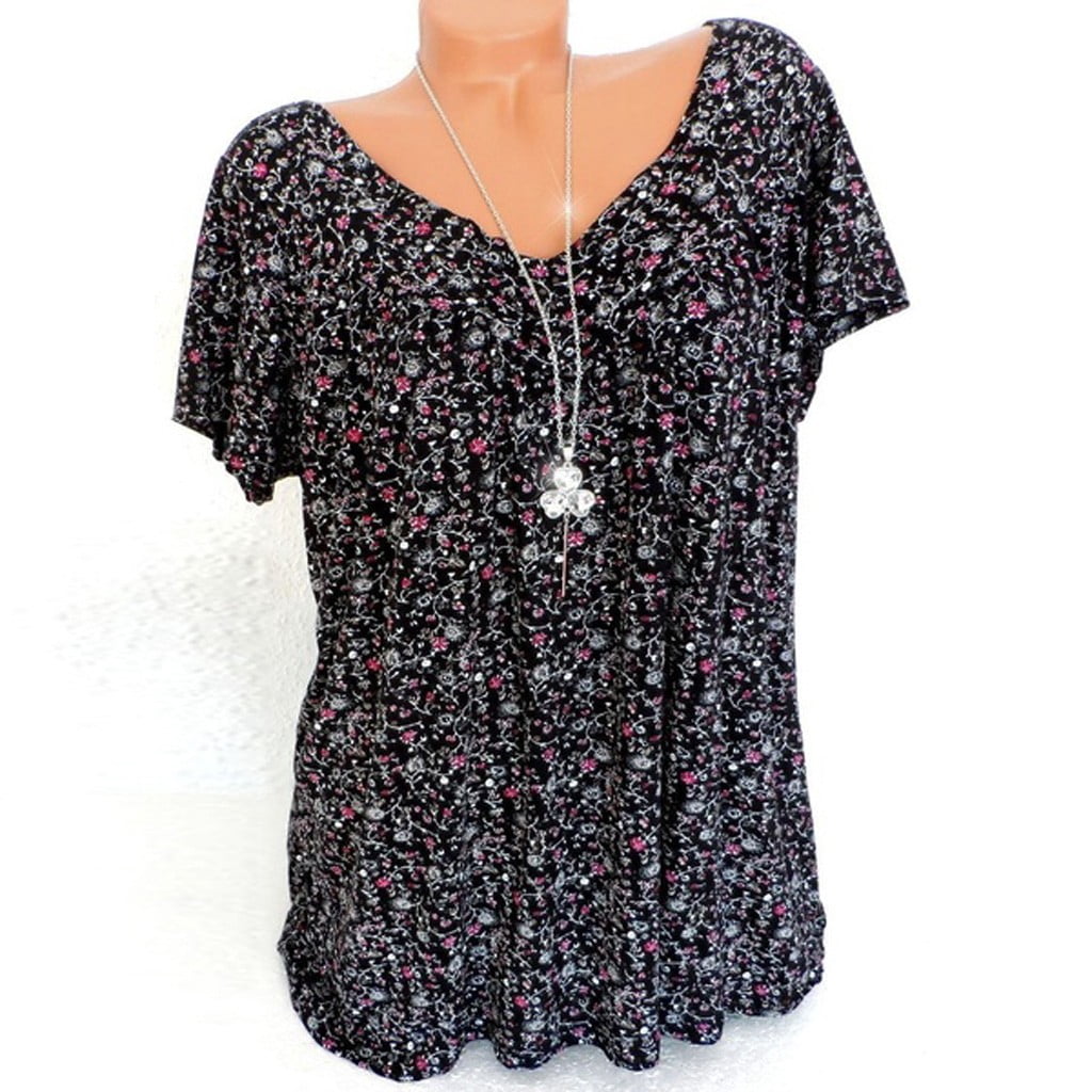 TIMIFIS Tuniques à Fleurs pour Femmes, Blouse Décontractée à Col en V, Manches Courtes, T-Shirts à Boutons