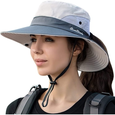 Womens Summer Sun Hat Beach Hats Wide Brim Outdoor UV Protection Hat Foldable Ponytail Bucket Cap