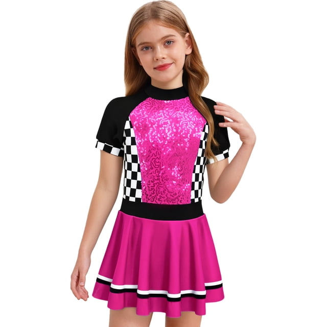 iiniim Kids Girls Racer Racing Driver Costumes Halloween Cosplay Party Dress Up Shiny Sequins Dance Dress Hot Pink 14
