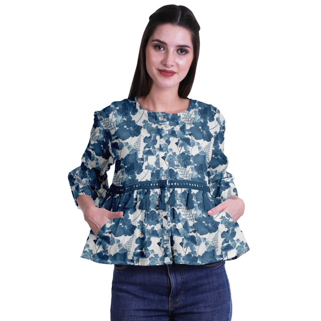 Moomaya T-Shirt à Col Rond pour Femmes à Manches Évasées, Haut Court en Coton Imprimé, Haut Décontracté