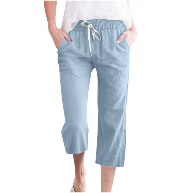 Penkiiy Pantalon Capri Extensible Léger à Taille Haute pour Femmes avec Poches, Bleu Pâle, 2TG