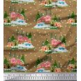 thumbnail image 1 of Soimoi Moss Georgette Fabric House,Snowfall & Tree Nature Printed Fabric 1 Yard 42 Inch Wide, 1 of 3