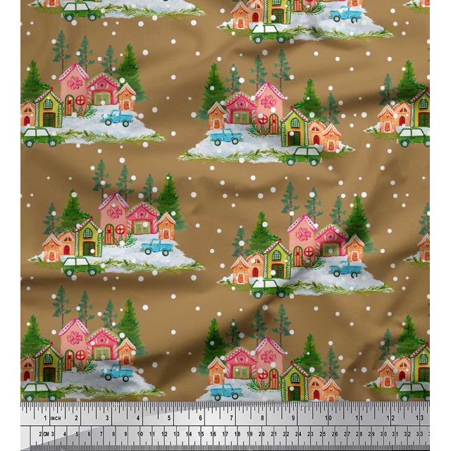 Soimoi Moss Georgette Fabric House,Snowfall & Tree Nature Printed Fabric 1 Yard 42 Inch Wide