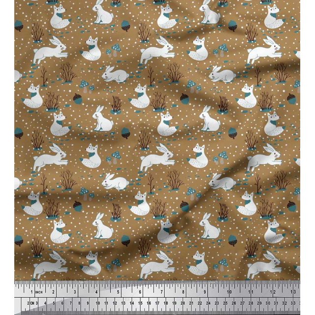 Soimoi Brown Viscose Chiffon Fabric Mushroom,Oaknut & Rabbit Animal Printed Craft Fabric by The Yard 42 Inch Wide