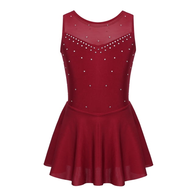inhzoy Robe de Patinage Artistique pour Filles Enfants avec Strass et Paillettes, Ballet, Patineuse, Danseuse, Costume Scintillant Bourgogne 10