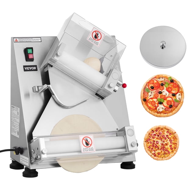 VEVOR 14 Inch Pizza Dough Roller Sheeter Automatic Commercial Pizza Dough Press 370W, designed for pressing dough sizes from 3 to 14 inches with adjustable thickness settings. Made of stainless steel with food-grade resin rollers and a transparent security cover for safety. Ideal for commercial use in cafes, bakeries, and pizzerias, this automatic dough press ensures efficient and even dough shaping.