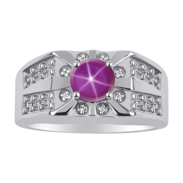 RYLOS Men's Rings Sterling Silver Designer Starburst 7MM Round Gemstone & Diamond Ring Star Ruby July Birthstone Rings Size 12