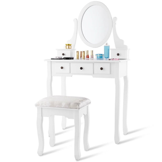Costway Coiffeuse Ensemble de Table de Maquillage en Bois Blanc et MDF, Comprenant un Miroir Ovale, Cinq Tiroirs de Rangement et un Tabouret Rembourré. Idéal pour Organiser Cosmétiques, Bijoux et Accessoires. Peut Aussi Servir de Bureau d'Écriture Lorsque le Miroir Est Enlevé.