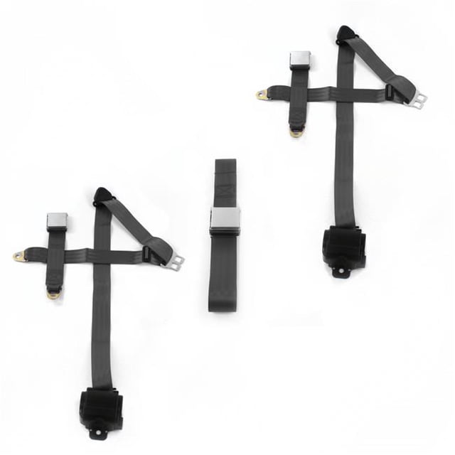 Chevy II 1966-1967 Airplane 3 Point Charcoal Retractable Bench Seat Belt Kit - 3 Belts