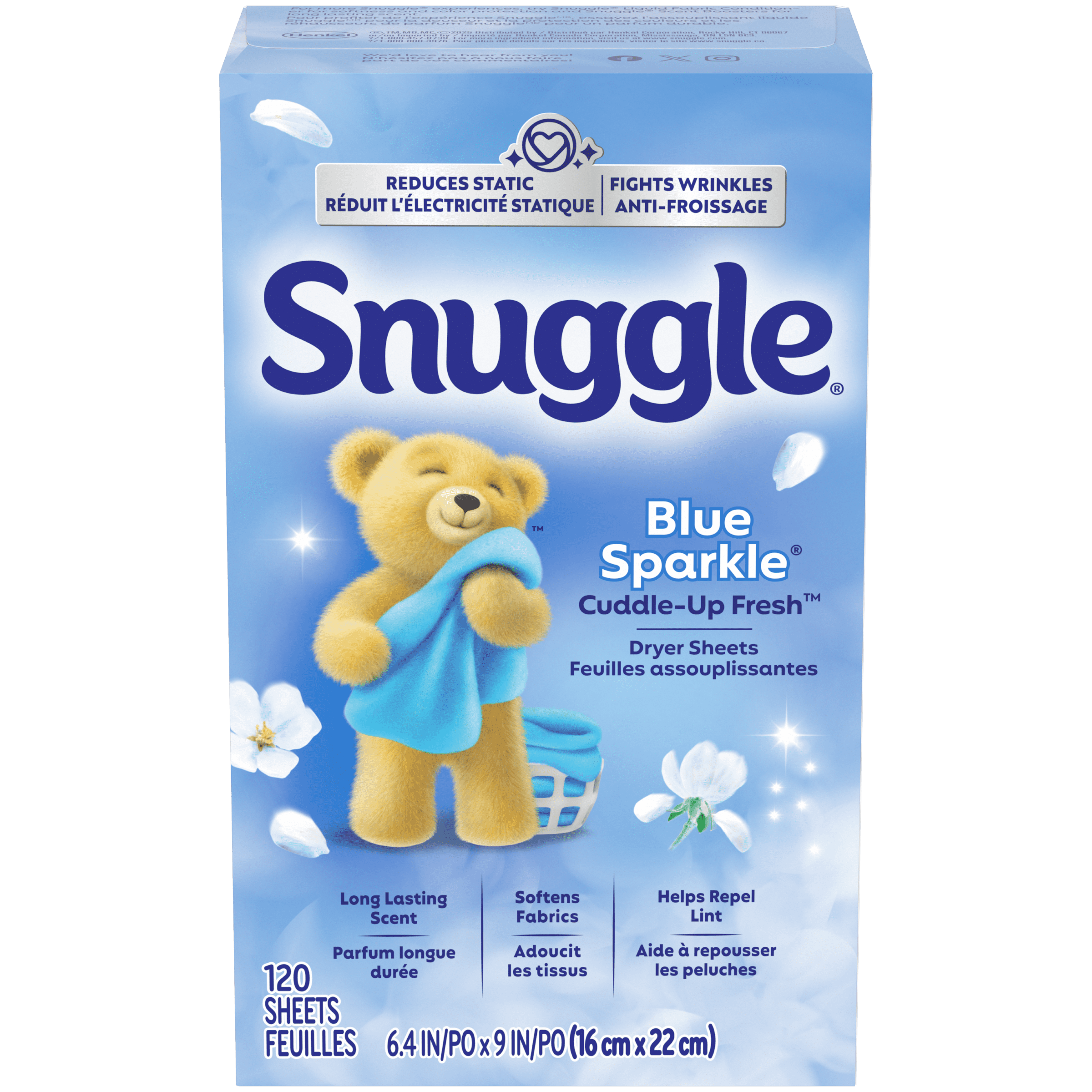 Snuggle Blue Sparkle Cuddle-Up Fresh Dryer Sheets, Reduces Static, Fights Wrinkles, 120ct, HE Compatible