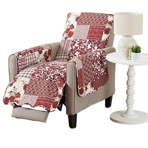 Patchwork Scalloped Printed Furniture Protector. Stain Resistant Recliner Cover. (Recliner, Burgundy)