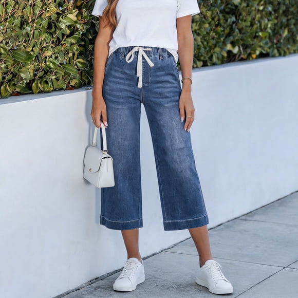 Nuoqisi Women's Solid Color Drawstring Denim Loose Pocket Cropped Pants - Relaxed Fit Jean Capris with Adjustable Waist for Casual Summer Style