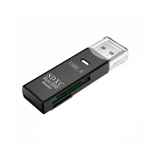 Yeacher High-Speed Dual-Port USB 3.0/2.0 SD TF Card Reader in black, featuring a compact and durable ABS plastic design. The device includes a USB 2.0 port, a transparent protective cap, and slots for SD and TF memory cards. Compatible with Windows, Mac, and other systems, it supports plug-and-play functionality and offers data transfer speeds up to 5 Gbps. Ideal for on-the-go use.