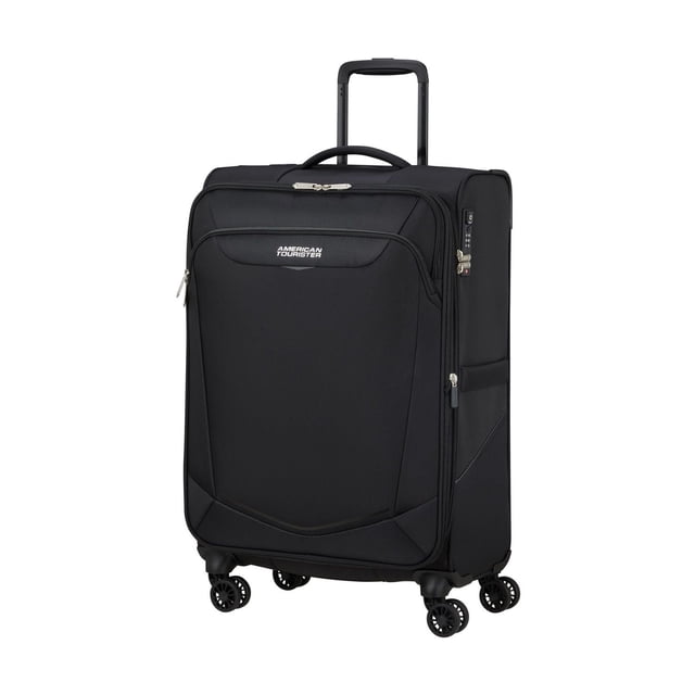 American Tourister SummerRide Spinner Medium black checked luggage with four dual spinner wheels, TSA-approved lock, RightHeightTM telescoping handle, and front zippered pocket, designed for lightweight travel and expandable packing capacity.