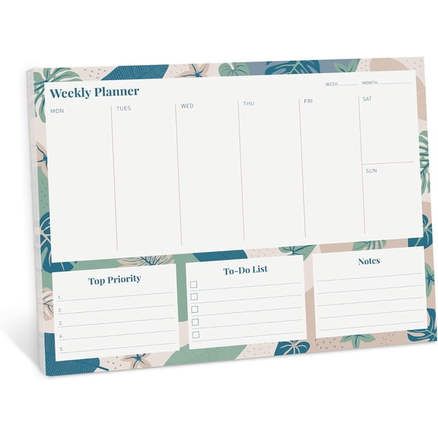 Rileys & Co Weekly Planner Pad, Undated Planner with 52 Tearaway Sheets, Daily To Do List Notepad with Top Priorities, Checklist, and Notes Sections, Floral Printed Border, 11.0 x 8.5 inches