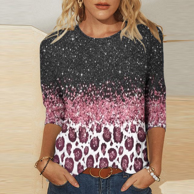 Qertyioot Hauts de Mode pour Femmes, T-shirt Ample Imprimé Mi-Long Manches 3/5 Blouse Col Rond Décontracté