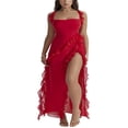 thumbnail image 1 of Women High Side Split Mesh Sheer Long Dress Sleeveless Ruffles Strappy Irregular Hem Cocktail Midi Dresses Red M, 1 of 8