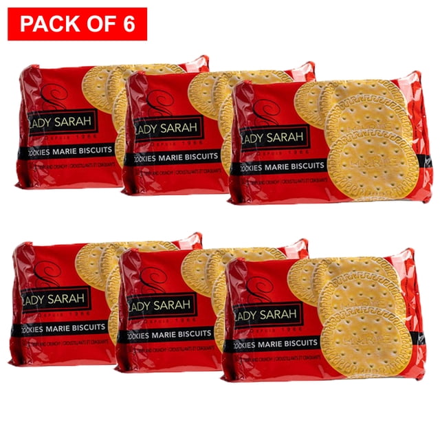 Lady Sarah Maria Biscuits, Crispy & Crunchy Marie Cookies, 340g pack of 6. Vibrant red packaging displays the Lady Sarah logo and golden, round biscuits, emphasizing their crispy texture. Perfect for snacking, sharing, or gifting, these kosher-certified cookies are individually packed for freshness and convenience.