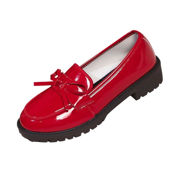 Red Women'S Mid Heel Loafers British Style Round Toe Patent Leather Bowknot Casual Non-Slip Wear-Resistant Lightweight Daily Wear Footwear Size 41