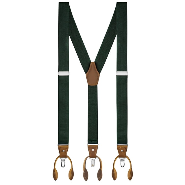 Buyless Fashion Suspenders For Men with a Y-back design, adjustable up to 48 inches, featuring durable green elastic straps, tan leather crosspatch, and sturdy clips and buttons for secure trouser support. Perfect men's accessory for professional appearance, weddings, and casual wear.