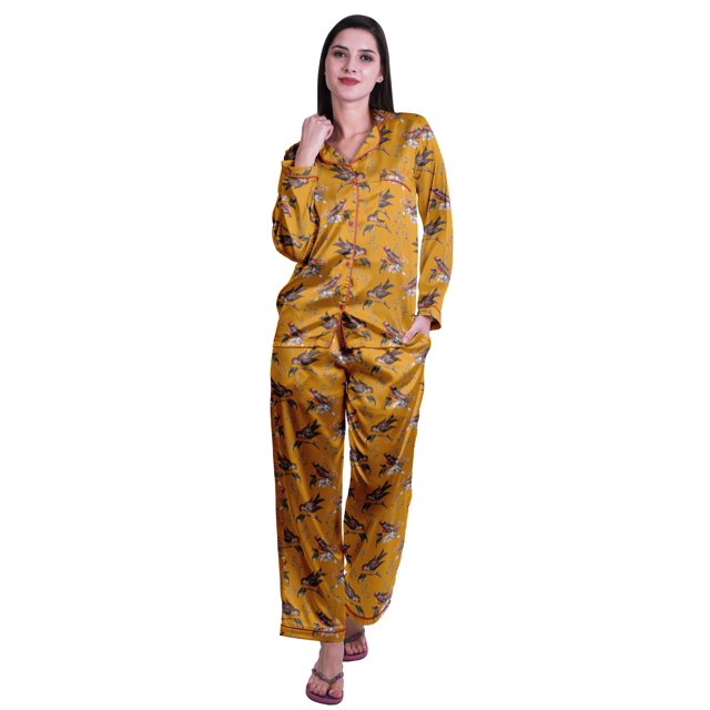 Moomaya Ensemble de Pyjama à Manches Longues et Shorts pour Femmes, Pyjama en Satin à Boutons pour Femmes