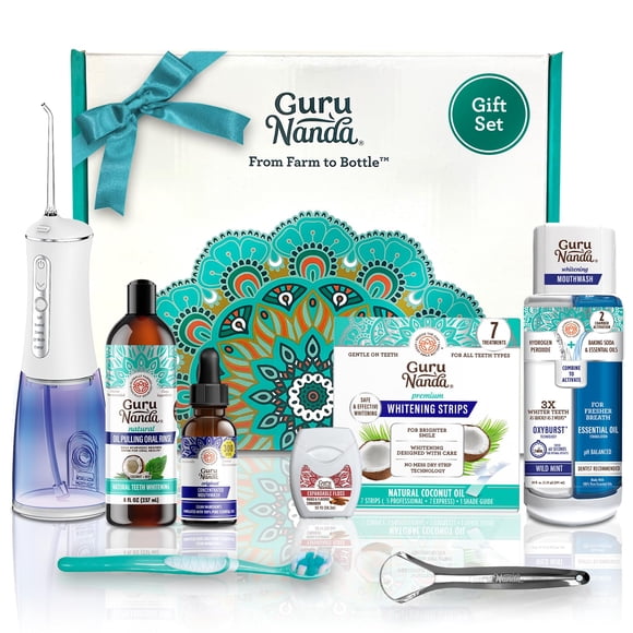 GuruNanda 7-Step Regimen 1.0 - Oil Pulling, Toothbrush, Tongue Scraper, Floss, Water Flosser, Mouthwash, Whitening Strips for Complete Oral Care (Pack of 8)