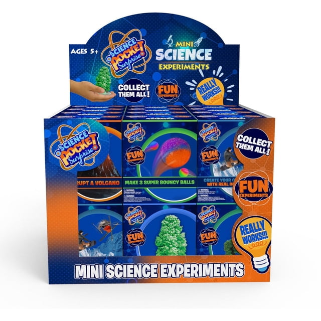 Pocket Science Kits display box featuring mini science experiments for ages 5 and up, including erupt a volcano, make 3 super bouncy balls, and create a crystal forest. The packaging highlights fun STEM experiments that really work and encourages collecting them all.