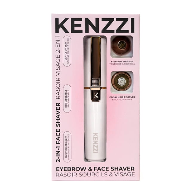 KENZZI 2-in-1 Rechargeable Facial Hair Remover and Eyebrow Trimmer, Includes Built-In LED Light and Two Easy to Swap Heads to Shape your Eyebrows and Gently Remove Facial Hair, White and Rose Gold