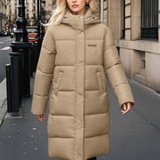 Mceream Women Long Puffer Down Coat Thickened Quilted Padded Jacket Winter Warm Zip Parka Removable Hood Buttoned Slit Hem Plus Size Outwear Chaqueta De Invierno Para Mujer Khaki M
