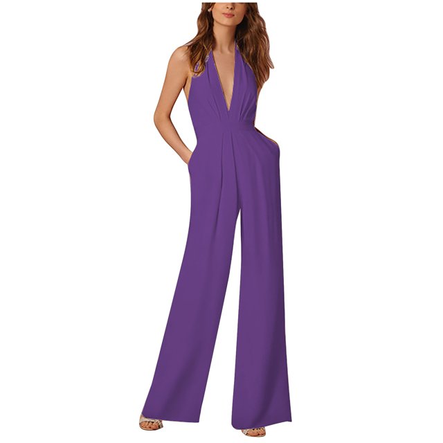 EQWLJWE Pantalon pour Femmes Combinaison Ample Aguichant Sans Manches à Col Suspendu avec Poche, Couleur Unie pour Femmes