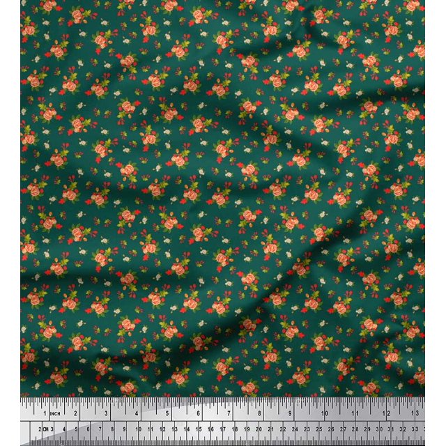 Soimoi Poly Georgette Fabric Leaves, & Rose Floral Print Fabric by Yard 52 Inch Wide