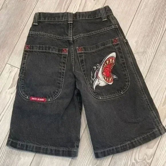 Jeans JNCO Vintage Amples Noirs Shorts en Denim Coupe Ample Shorts Dragon Y2K Pantalons de Survêtement de Gym Pantalons Hommes Harajuku Shorts de Basketball LUHAN