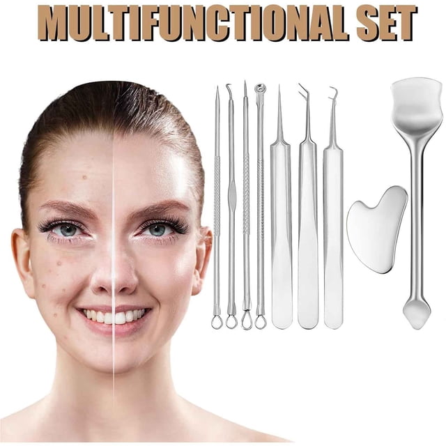 Soins de Beauté Grande Économie! Aqestyerly Trousse de Beauté 10 Pcs avec Outils en Acier Inoxydable pour l'Élimination des Points Noirs, l'Extraction des Imperfections et le Nettoyage des Pores. Comprend un Grattoir, une Spatule et d'Autres Outils Multifonctions, le Tout Rangé dans une Boîte Compacte. Idéal pour les routines de Soins de la Peau et le Maintien d'Une Peau Claire.