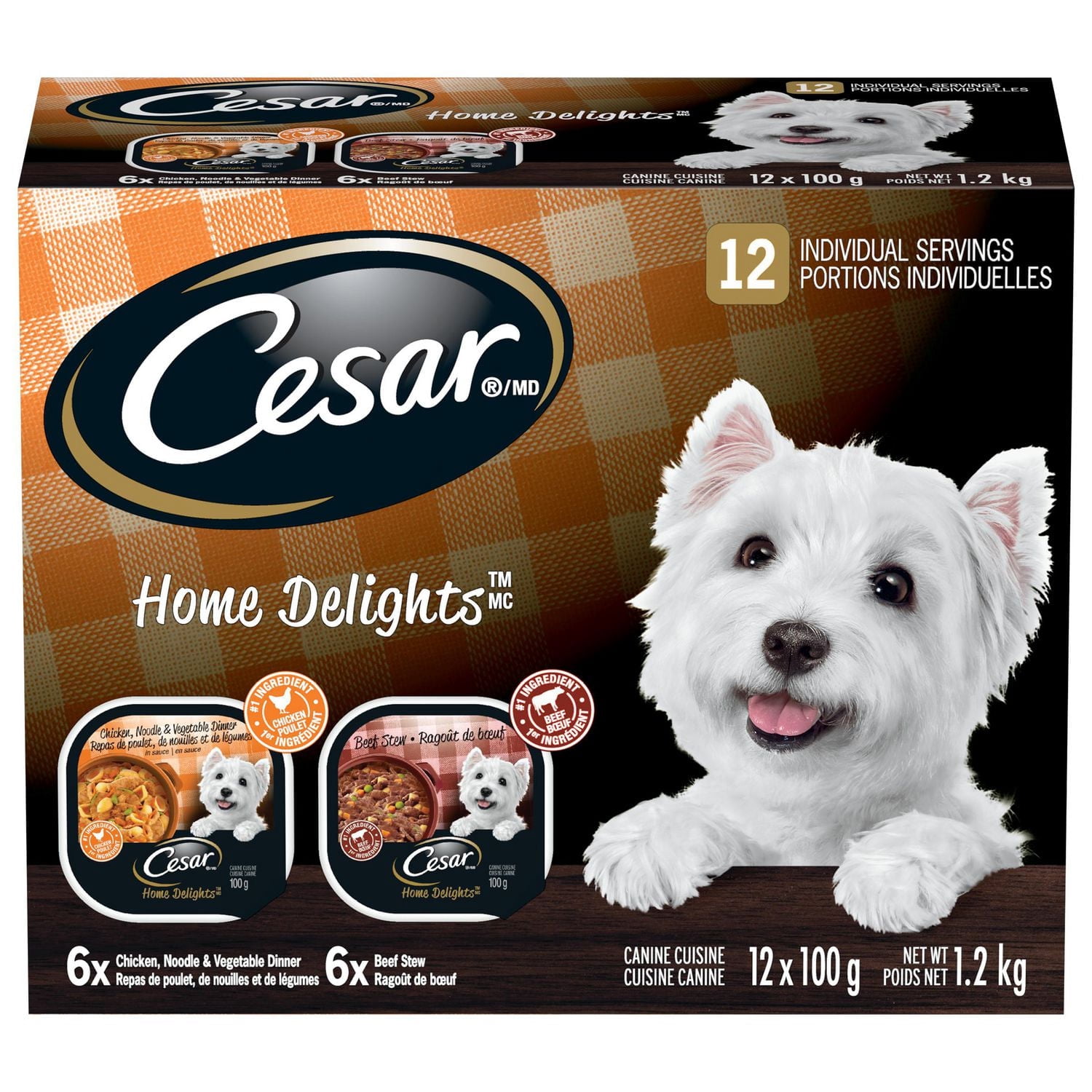 Cesar Home Delights Ragoût de Bœuf et Poulet, Nouilles et Légumes Paquet Varié Nourriture pour Chien Adulte Humide et Tendre, 12x100g
