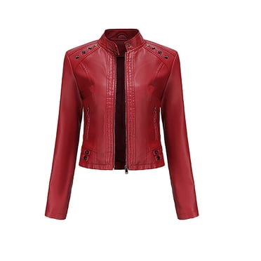 IROINID Women's Short Faux Leather Jacket Stand Collar Solid Color Long Sleeve Comfy Slim Stand Zip Motorcycle Suit Belt Coat Jacket Tops, Red
