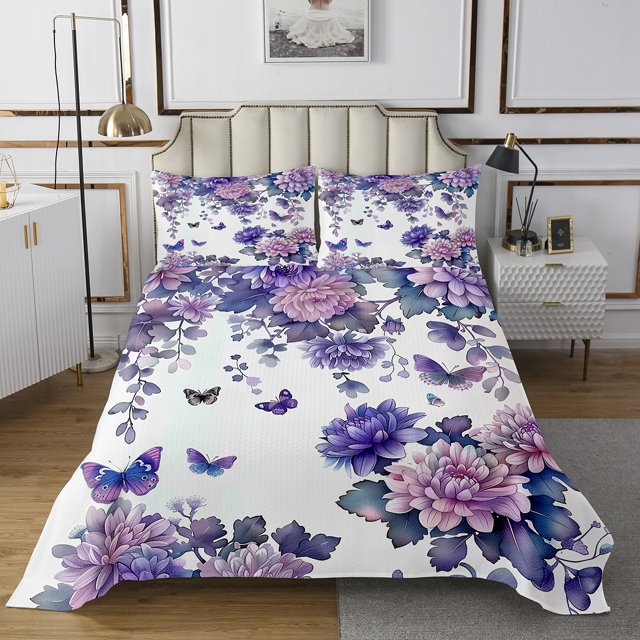 Erosebridal Purple Flower Coverlet Set Queen, Botanical Floral Bedding Set, Butterfly Room Decor 3 Pieces