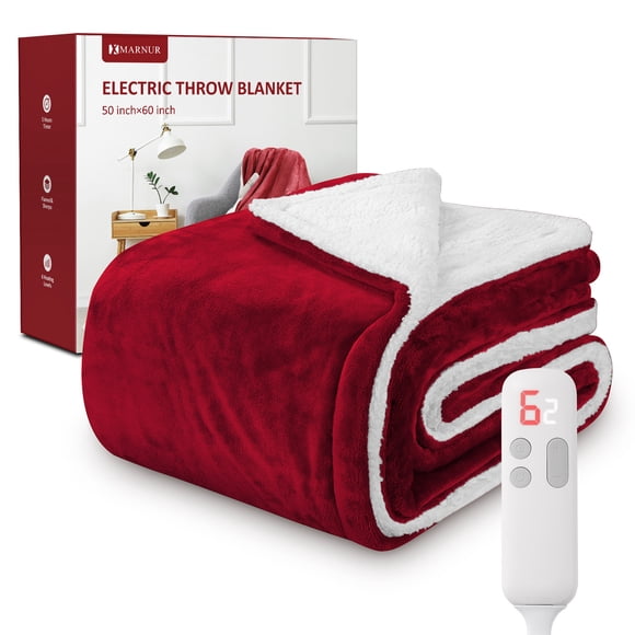 MARNUR Couverture Chauffante Électrique 50"x60 Pouces en Flanelle et Sherpa avec 6 Niveaux de Chauffage, Minuterie de 5 Heures - Rouge
