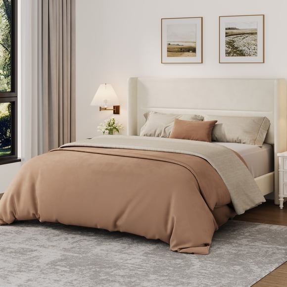Queen Size Bed Frame – Upholstered Platform Bed with Wingback Headboard, Offwhite Flannel Fabric, Sturdy Wood Slats, Noise-Free, No Box Spring Needed