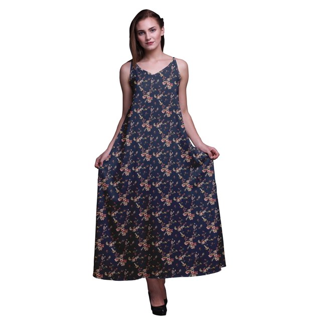 Bimba Rayon Floral Ladies Printed Backless Spaghetti Strap Long Maxi Evening Party Dress-XSmall